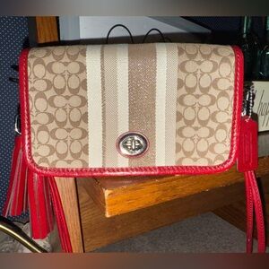 Coach Red and Tan Penny Crossbody Bag with Signature Monogram